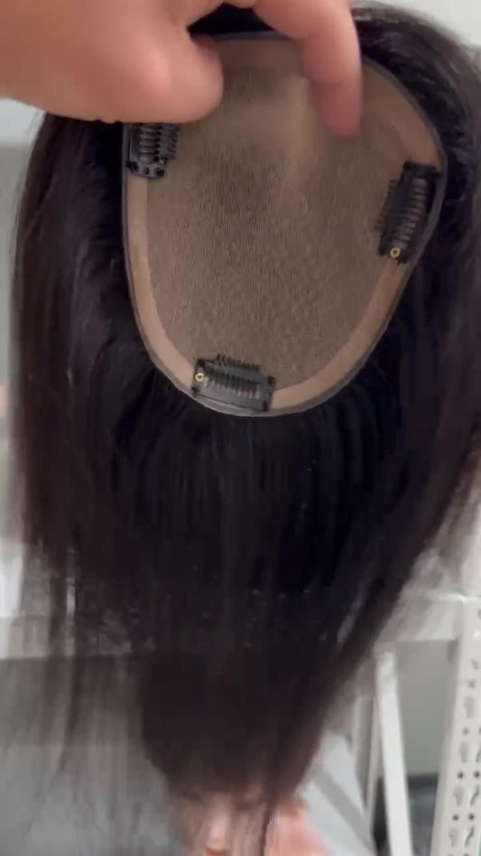 Human Hair Needle Repair Piece Wig Top of Head Covering White Hair Lightweight Breathable