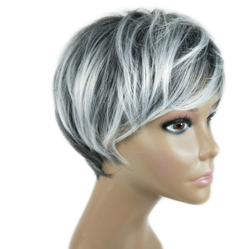Short Straight Hair Wig Women's Black White Mixed Color Synthetic Hair with Cap