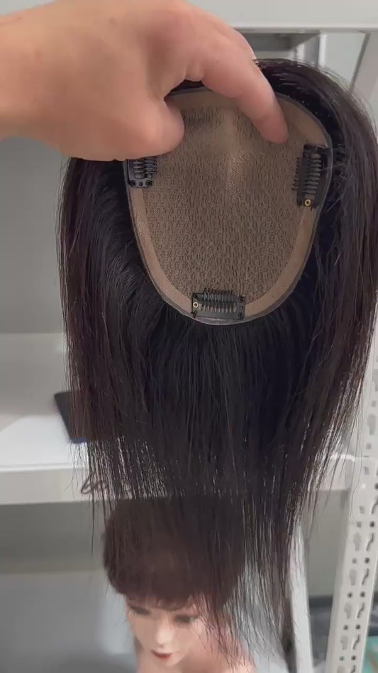 Human Hair 25cm Fully hand-woven Hair Straight Covering White Hair Lightweight Breathable Needle Top of Head Repair Piece